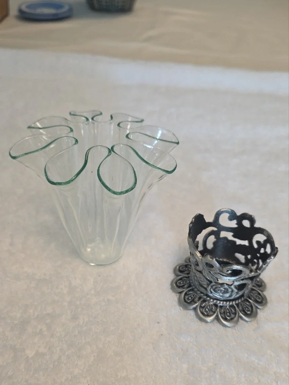 Clear Art Glass Bud Vase with Decorative Metal Base